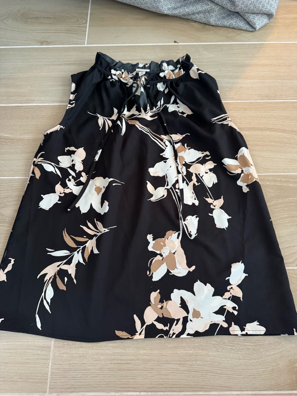 Sleeveless Black Floral Tie-Neck Blouse